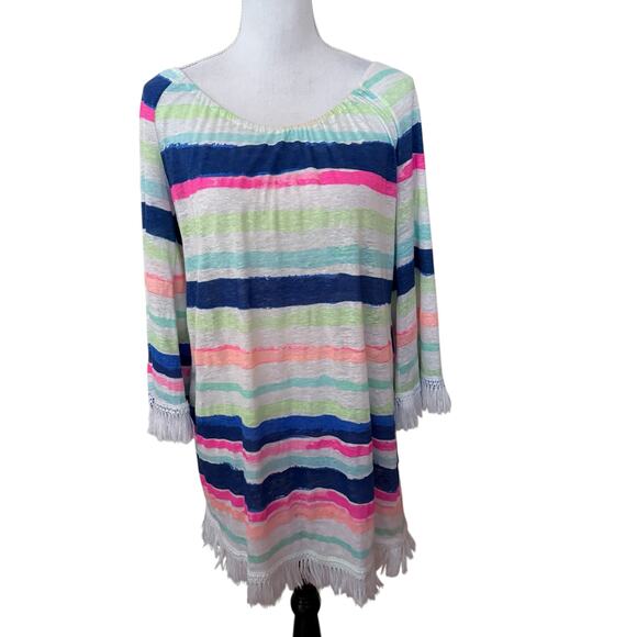 Lilly Pulitzer Striped Tassel Hem Bell Sleeve Swim Cover-Up Linen Tunic Dress M - Picture 15 of 16